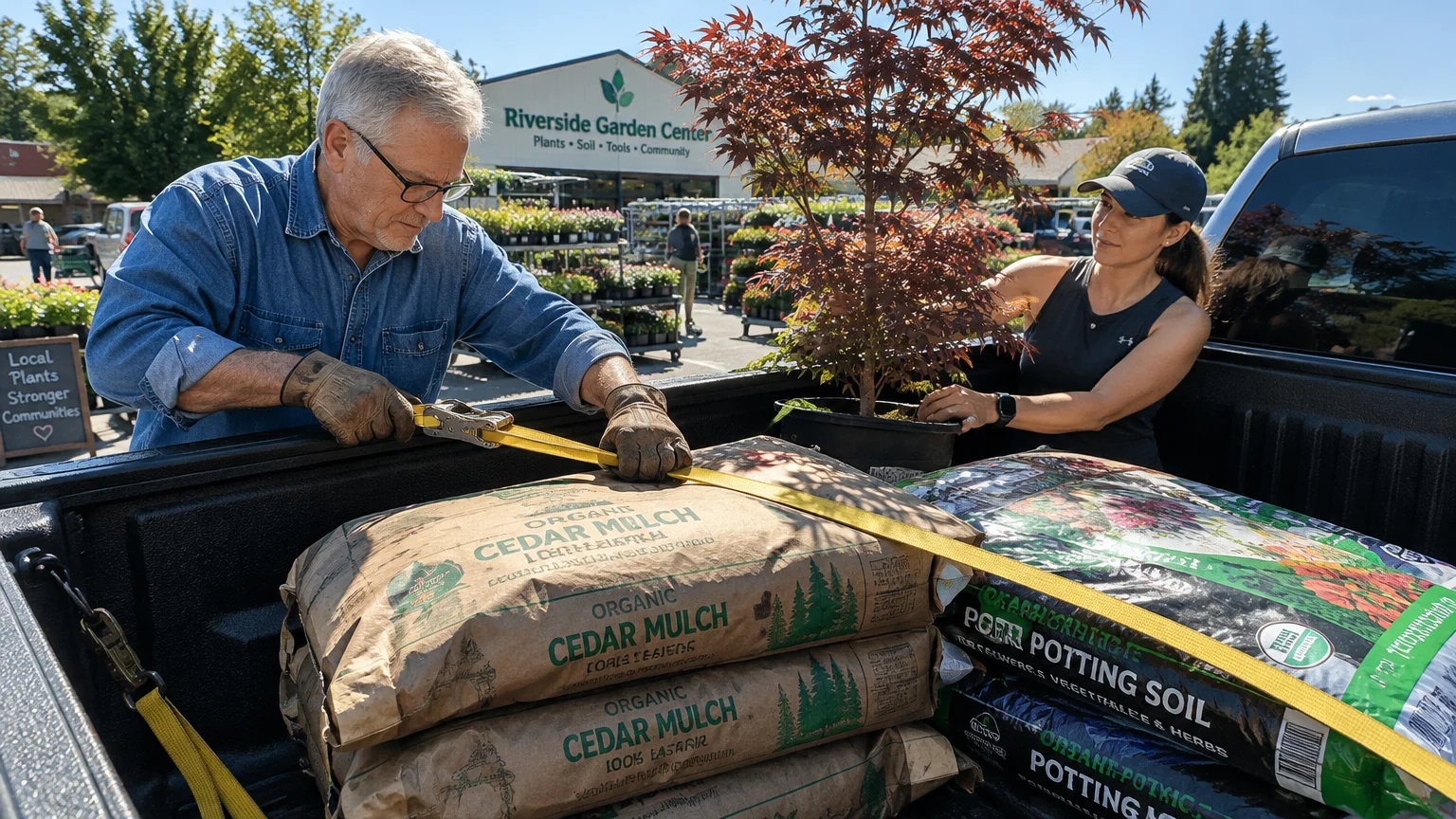 A man and woman strap bags of mulch, soil, and a potted Japanese maple into a pickup truck bed at a garden center.