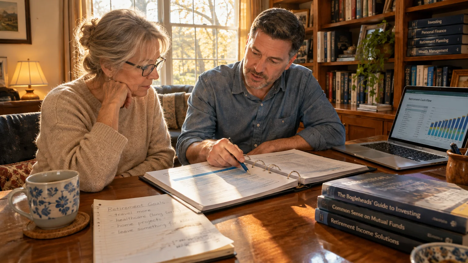 A man points to a binder on a desk while reviewing retirement documents with a woman beside a laptop.