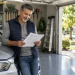 Mature man leaning against a car in an open garage while reviewing an auto insurance policy document.