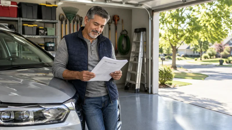 Mature man leaning against a car in an open garage while reviewing an auto insurance policy document.
