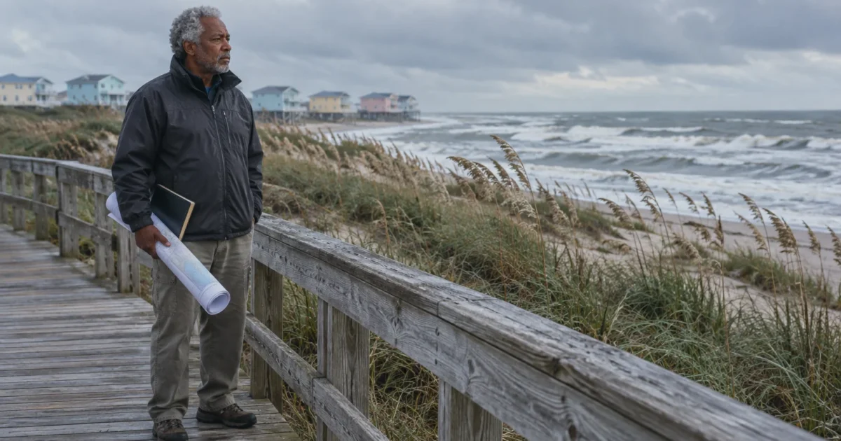 Older man holding rolled blueprints standing on a wooden boardwalk overlooking rough ocean surf and beach houses.