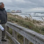 Older man holding rolled blueprints standing on a wooden boardwalk overlooking rough ocean surf and beach houses.