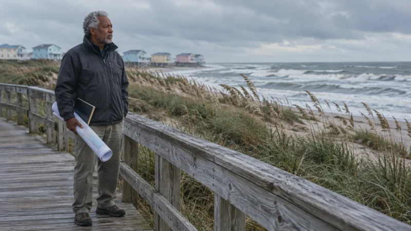 Older man holding rolled blueprints standing on a wooden boardwalk overlooking rough ocean surf and beach houses.