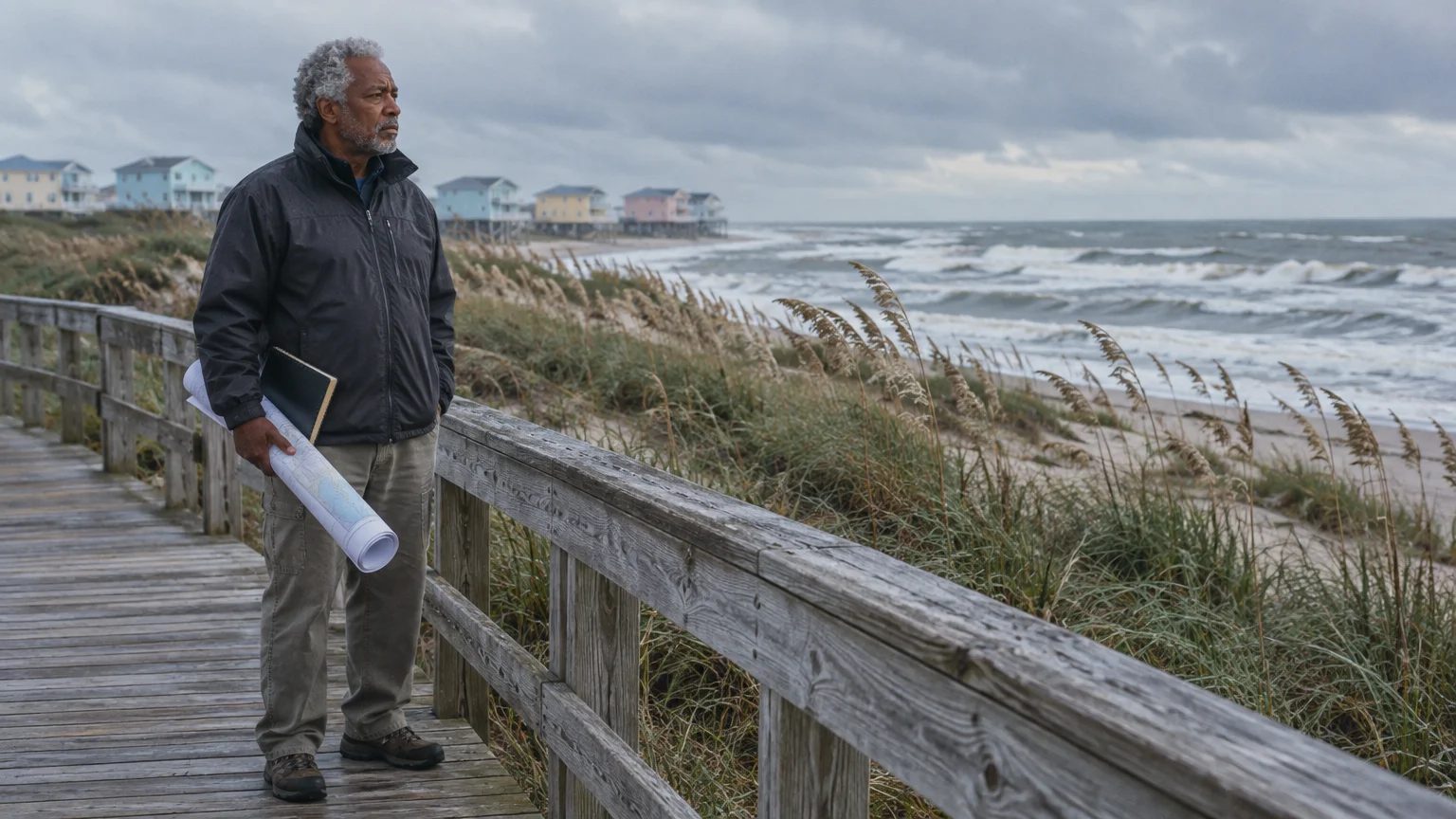 Older man holding rolled blueprints standing on a wooden boardwalk overlooking rough ocean surf and beach houses.