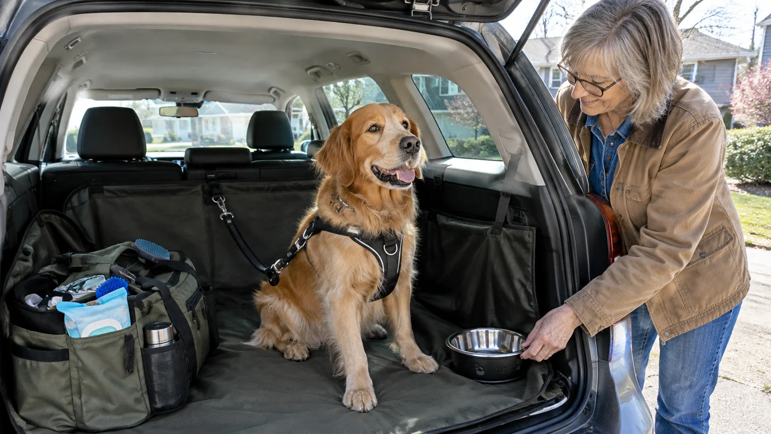 An older woman places a water bowl next to a golden retriever sitting in the lined trunk of an open hatchback.