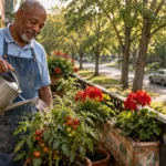 Older man in an apron watering potted tomato plants and red flowers on a sunny apartment balcony overlooking a street.
