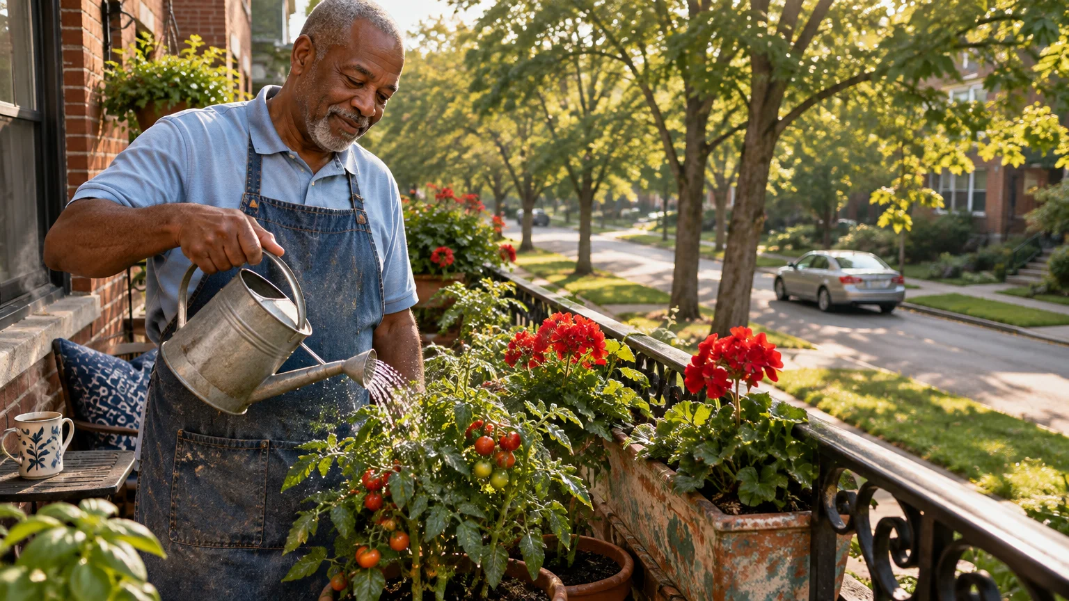 Older man in an apron watering potted tomato plants and red flowers on a sunny apartment balcony overlooking a street.
