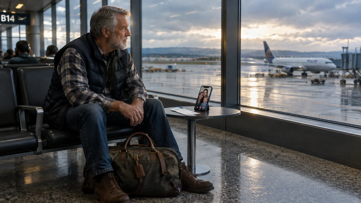 Older man sitting at an airport gate near a large window, looking outside with a phone displaying a video call on a table.