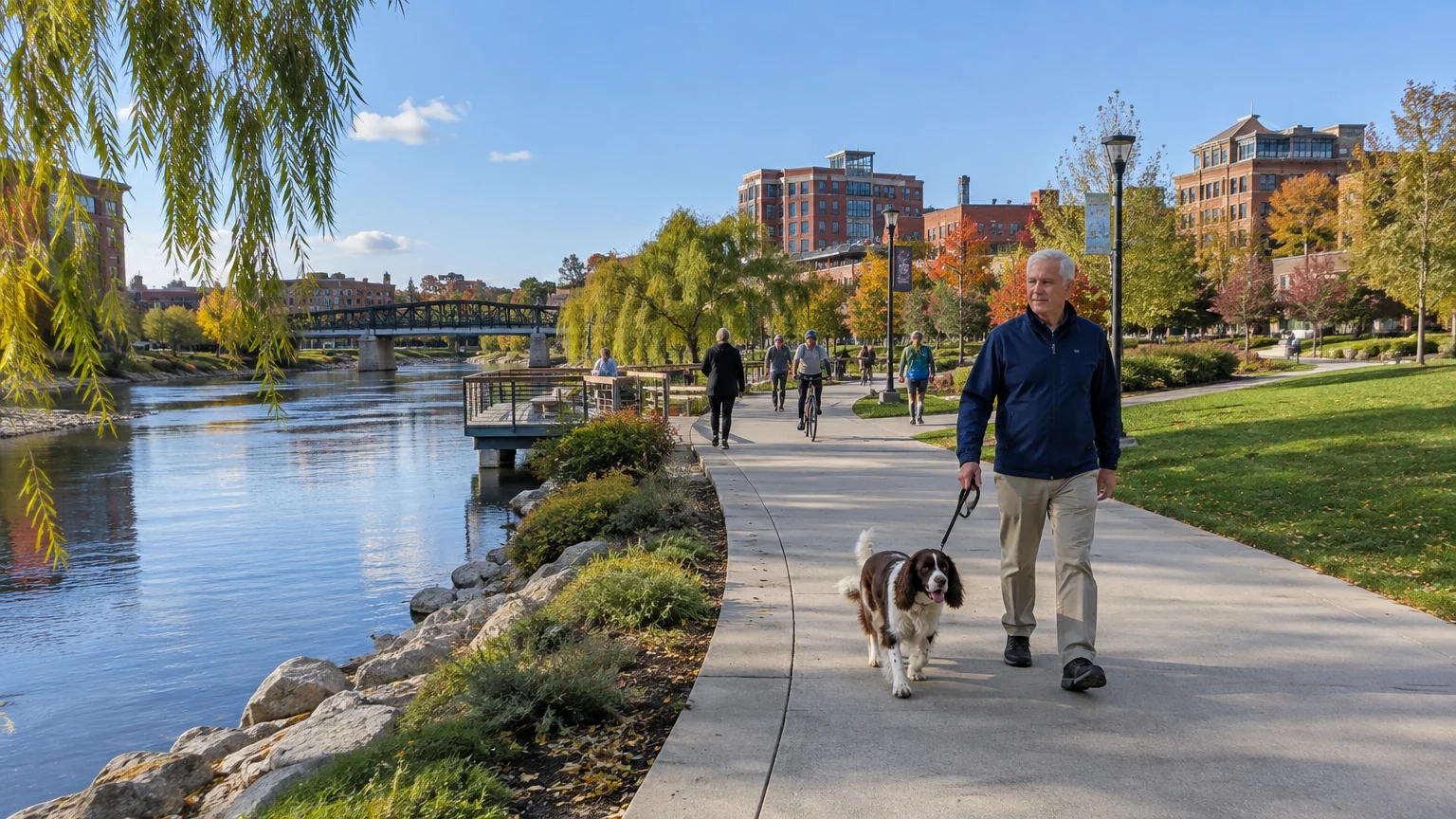 A senior man walks his dog along a paved riverside promenade in a sunny park with city buildings in the background.