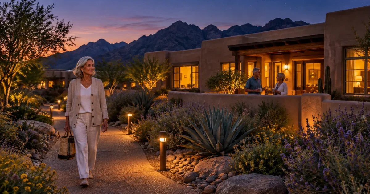 Woman walking along an illuminated desert path at dusk outside adobe-style homes near mountains.