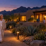 Woman walking along an illuminated desert path at dusk outside adobe-style homes near mountains.