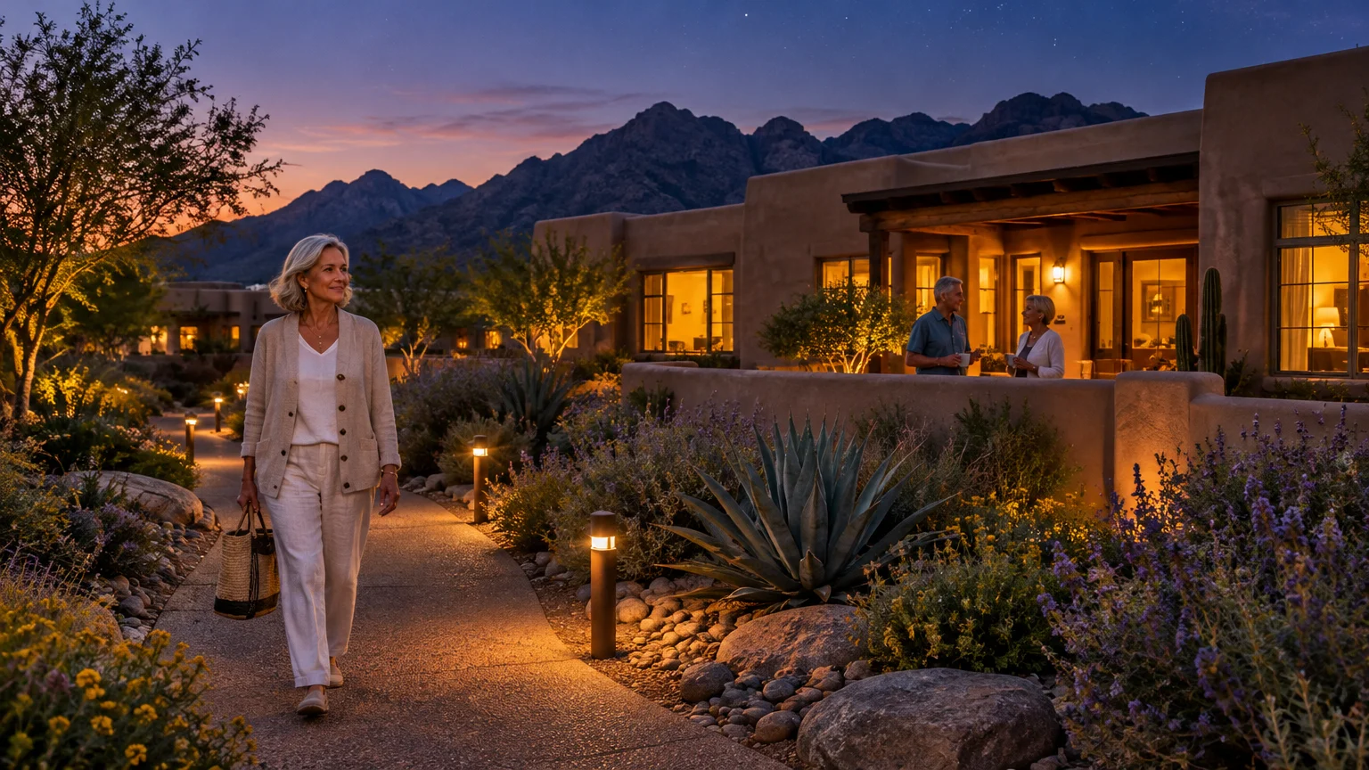 Woman walking along an illuminated desert path at dusk outside adobe-style homes near mountains.