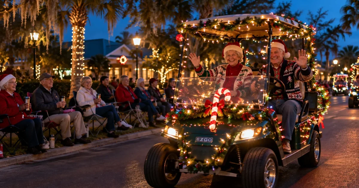 Older couple wearing Santa hats waves from a golf cart decorated with Christmas lights during an evening holiday parade.