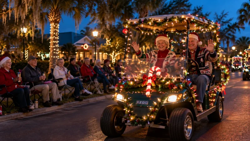 Older couple wearing Santa hats waves from a golf cart decorated with Christmas lights during an evening holiday parade.
