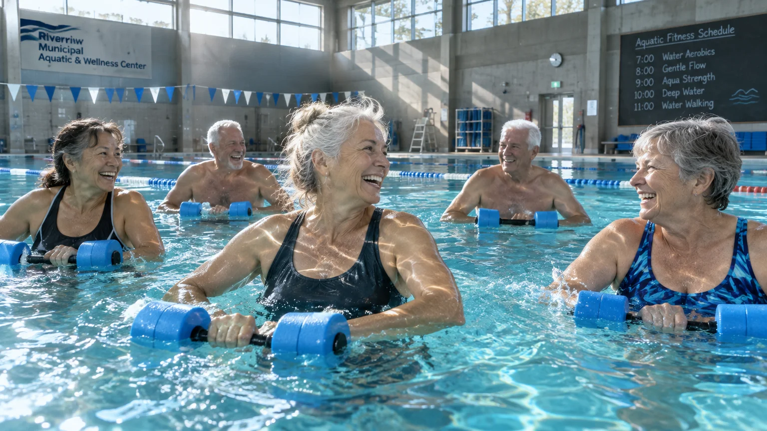 Smiling seniors holding blue aquatic dumbbells while participating in a group water aerobics class in an indoor pool.