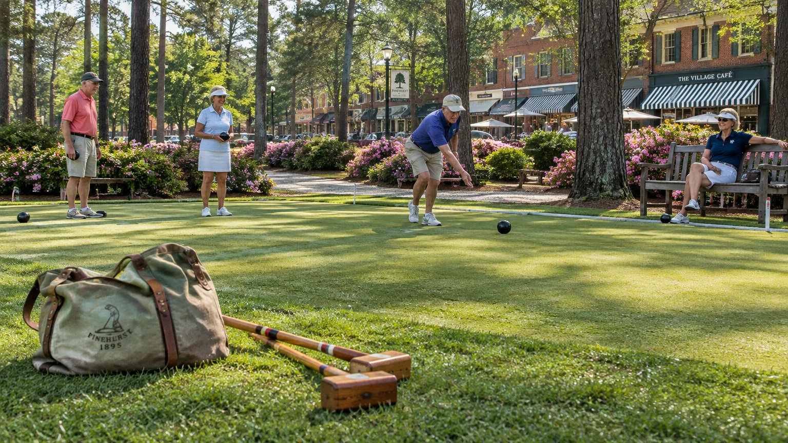 Retirees playing lawn bowling on a green lawn near shops and flowering bushes, with croquet mallets in the foreground.