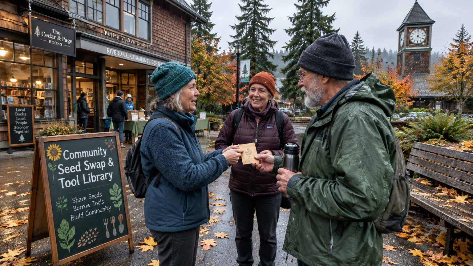 Three older adults exchange a seed packet outside a community center near a seed swap sign on a rainy autumn day.