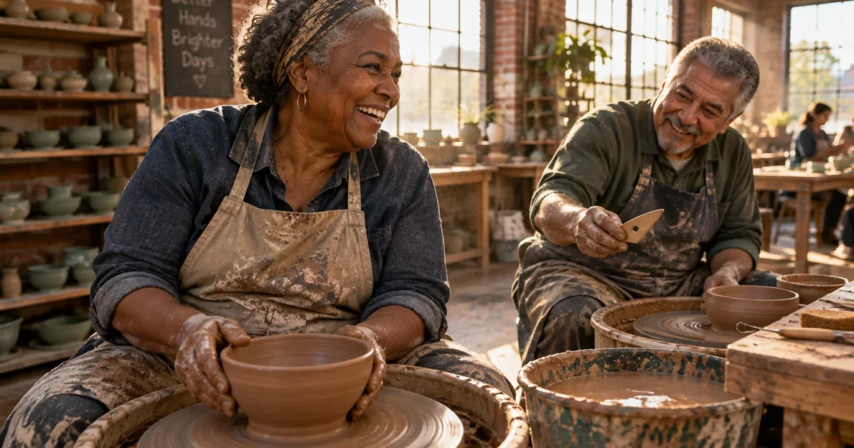 An older woman and man smiling while shaping clay bowls on pottery wheels in a sunlit art studio.