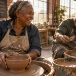 An older woman and man smiling while shaping clay bowls on pottery wheels in a sunlit art studio.