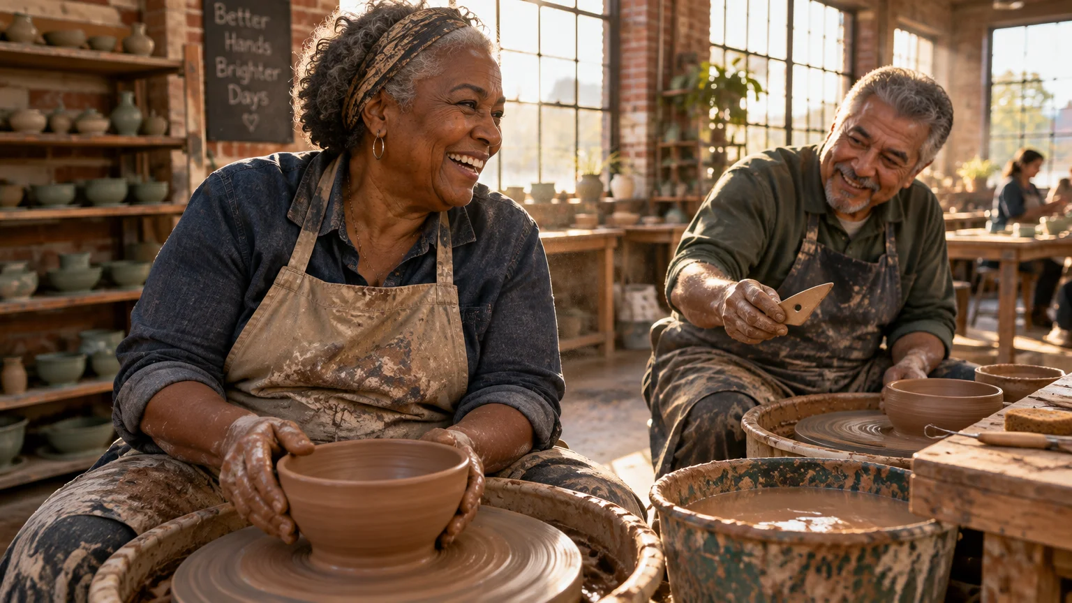 An older woman and man smiling while shaping clay bowls on pottery wheels in a sunlit art studio.