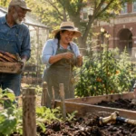 Three smiling older adults garden together in raised beds and hold harvested carrots outside a town hall.
