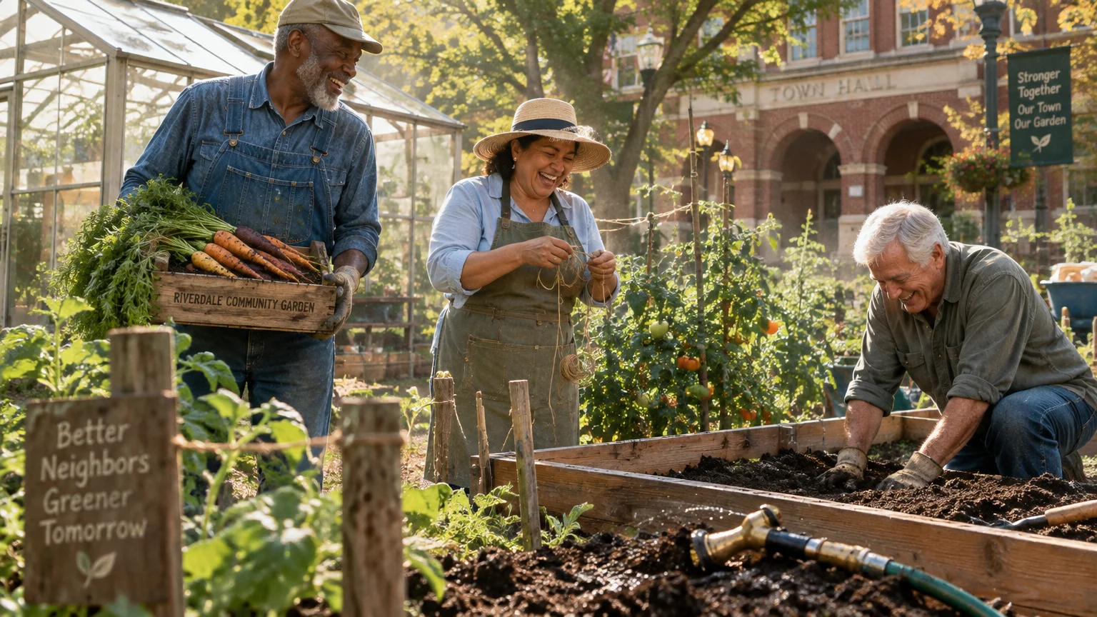 Three smiling older adults garden together in raised beds and hold harvested carrots outside a town hall.