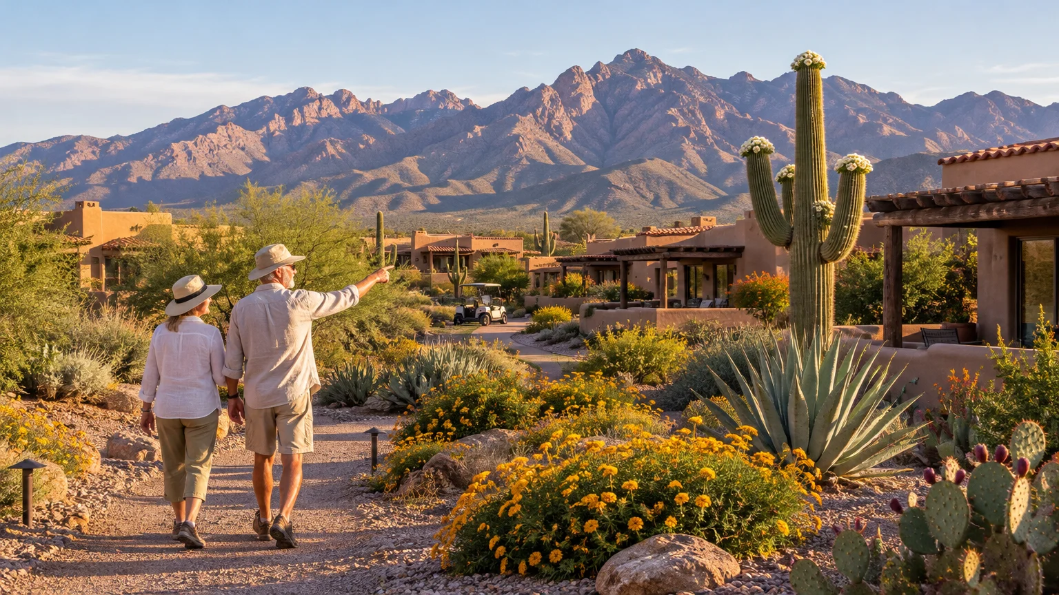 Older couple walking on a desert path by adobe homes, saguaro cactus, and blooming yellow shrubs facing rugged mountains.