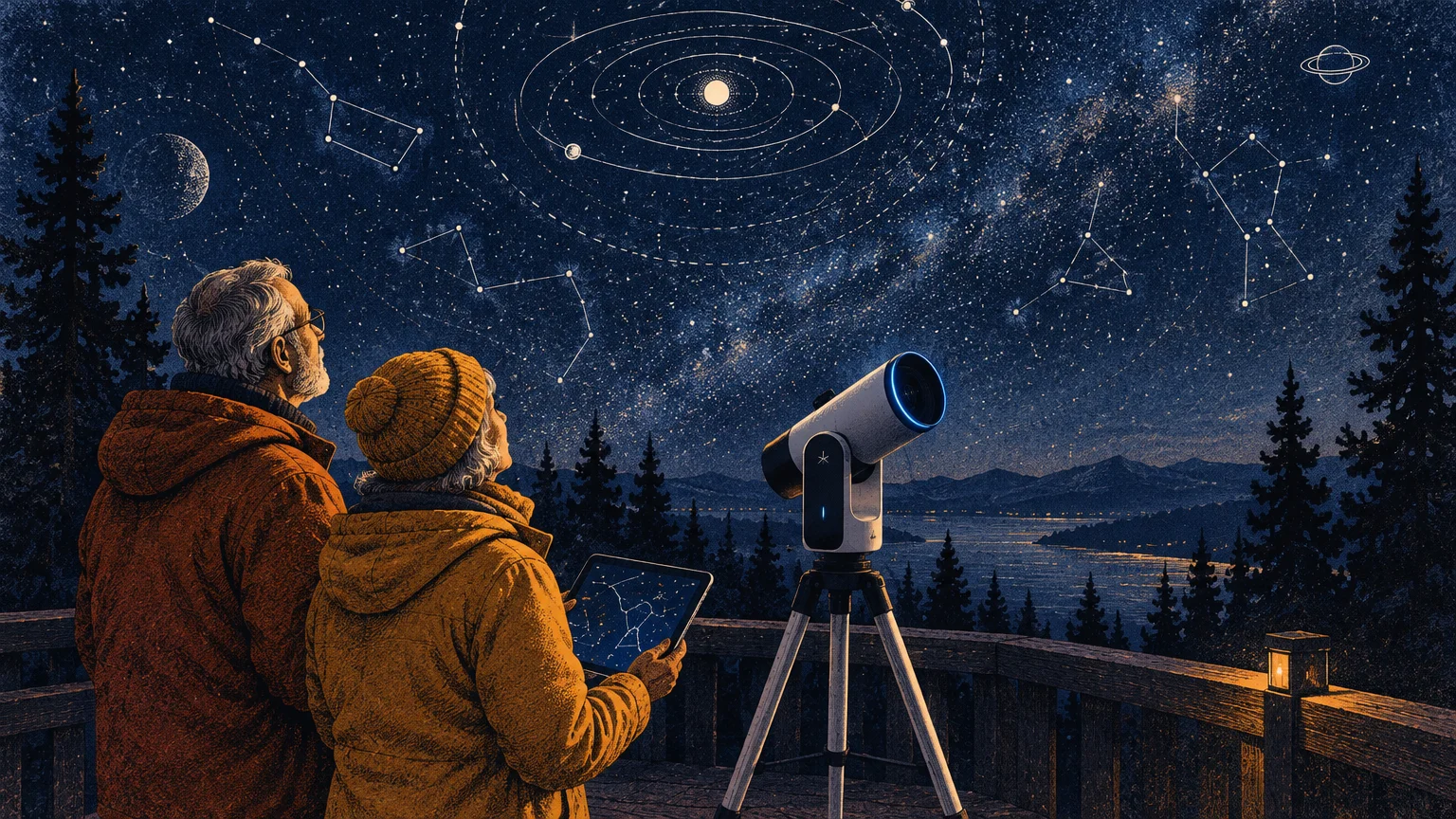 Illustration of an older couple on a balcony using a digital smart telescope and tablet under an illustrated starry night sky.