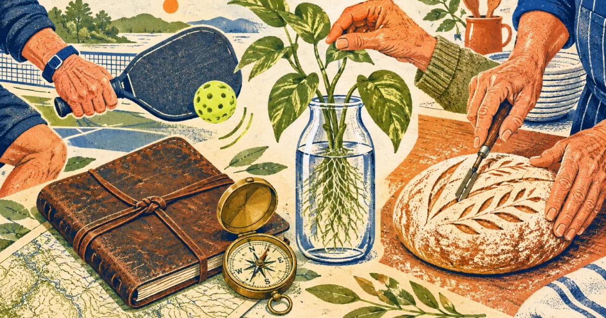 Illustration of hands engaging in hobbies: pickleball, propagating plants in water, journaling with a compass, and baking bread.