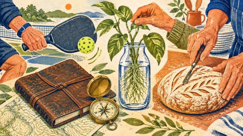 Illustration of hands engaging in hobbies: pickleball, propagating plants in water, journaling with a compass, and baking bread.