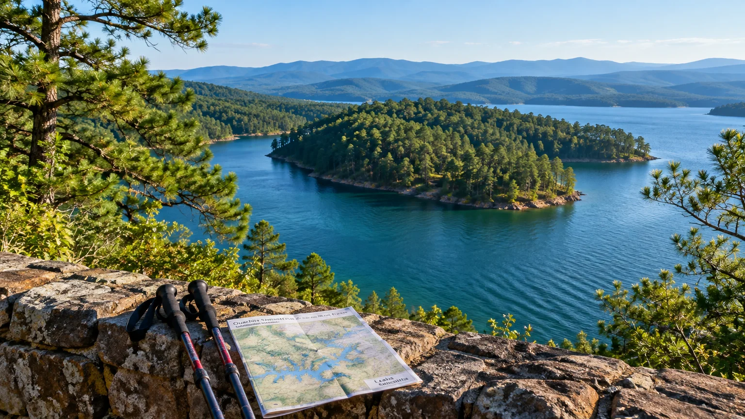 Trekking poles and a trail map resting on a stone overlook above a forested lake with islands and distant mountains.