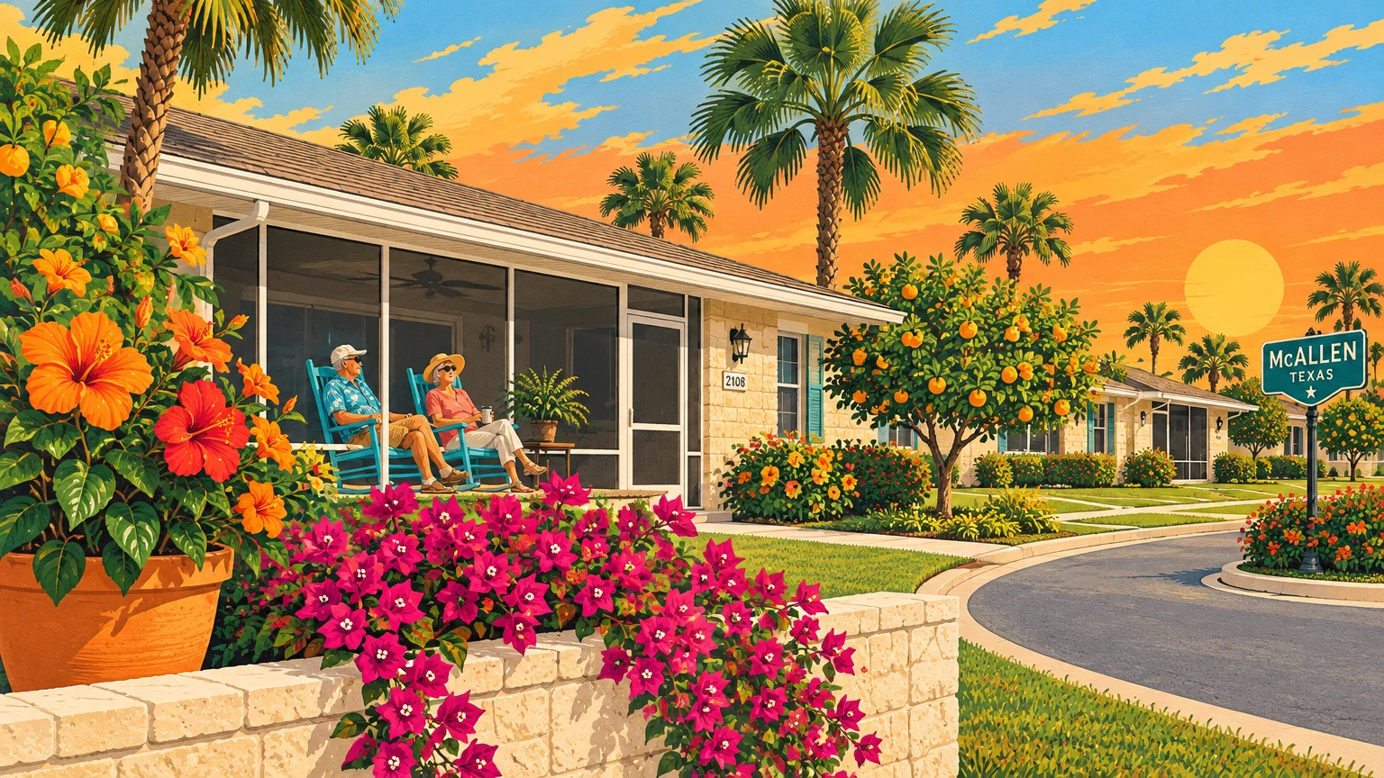Illustration of a senior couple relaxing on a patio outside a sunny suburban home surrounded by palm trees and flowers.