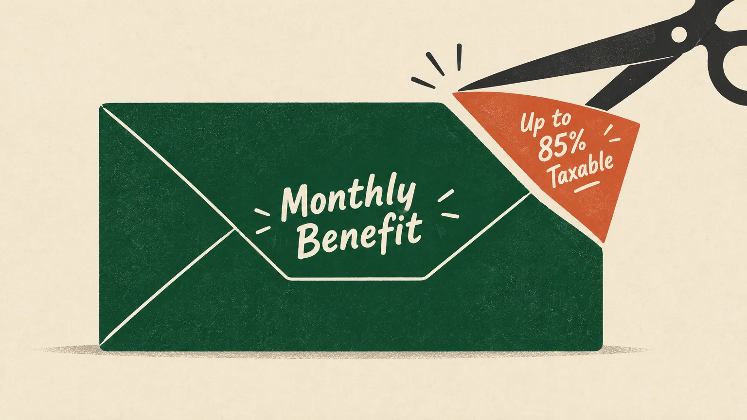 Scissors cut a green envelope labeled Monthly Benefit, exposing an orange corner reading Up to 85% Taxable.