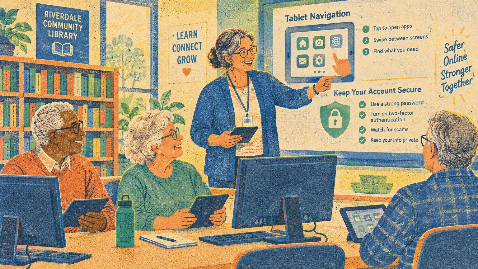An instructor teaches seniors about tablet navigation and online account security at a community library.
