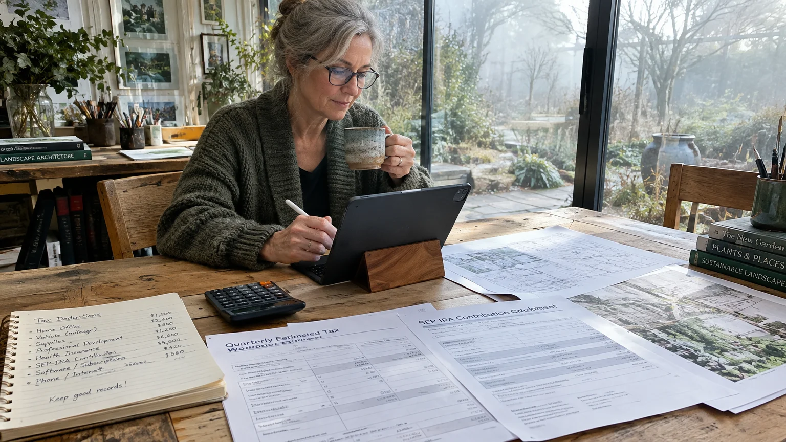 A woman drinking coffee while reviewing tax paperwork, blueprints, and a tablet at a sunlit wooden desk.