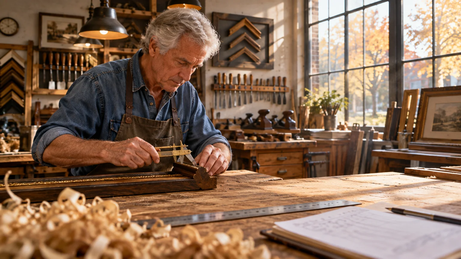Senior artisan wearing an apron uses calipers on a wooden frame at a sunlit woodworking workbench.