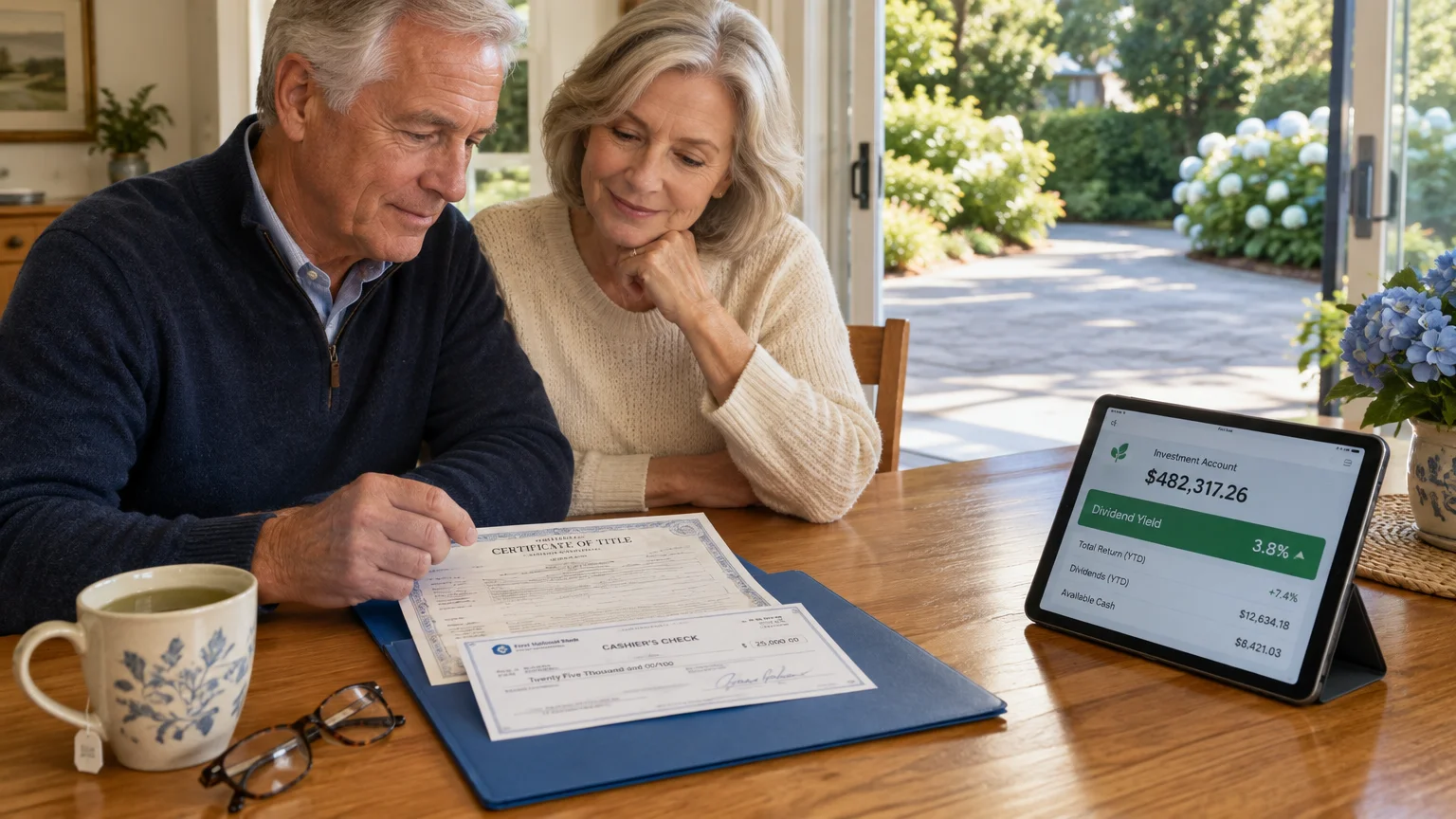 Senior couple at a table reviewing a vehicle title and cashier's check next to a tablet showing an investment account.