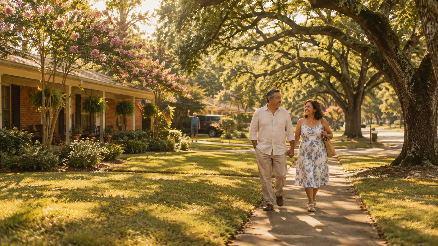 A smiling mature couple walks hand in hand along a sunny, tree-lined suburban sidewalk past brick ranch-style homes.