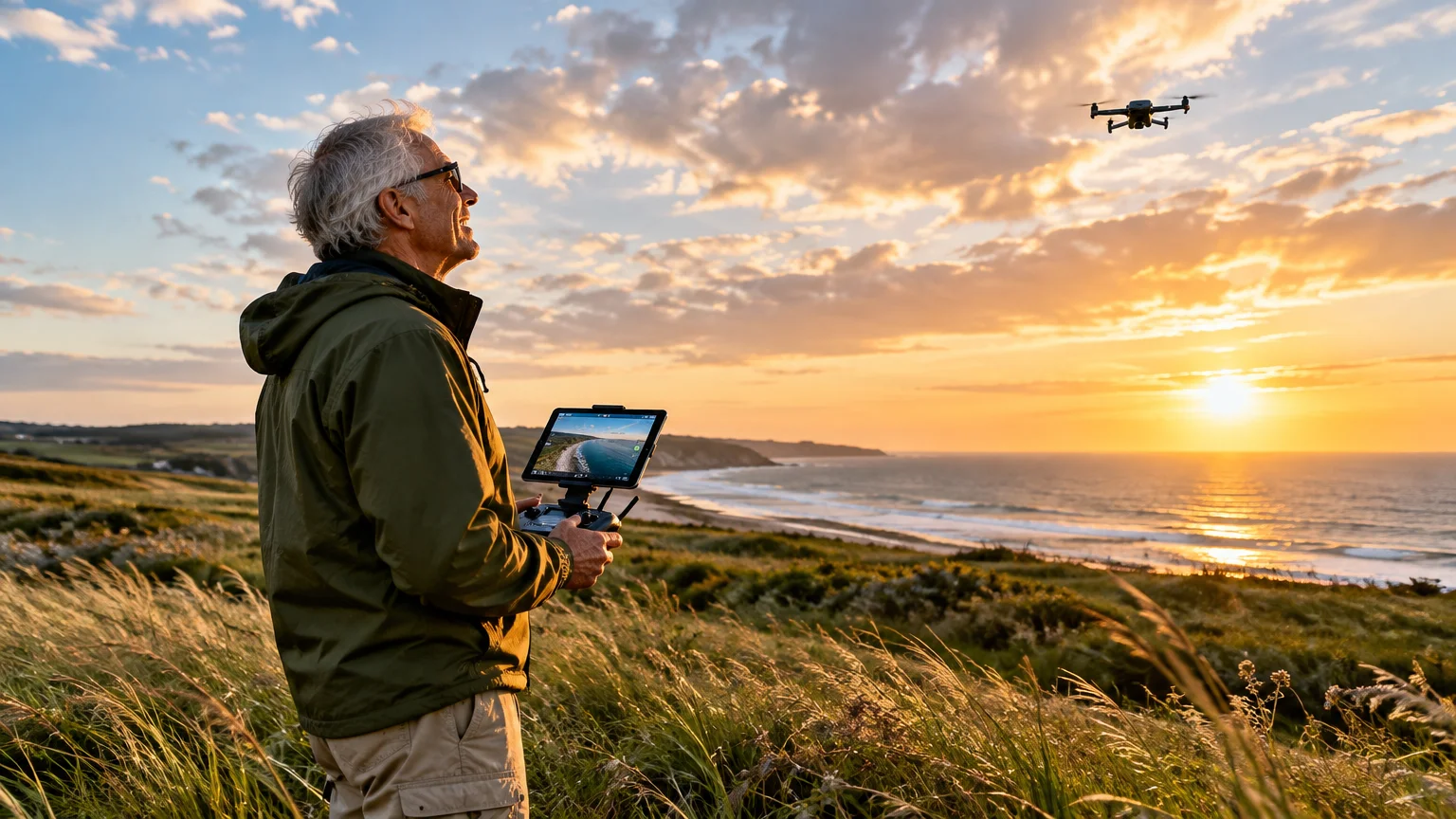 A man standing in grassy coastal hills flies a drone over the ocean beach during a vibrant sunset.
