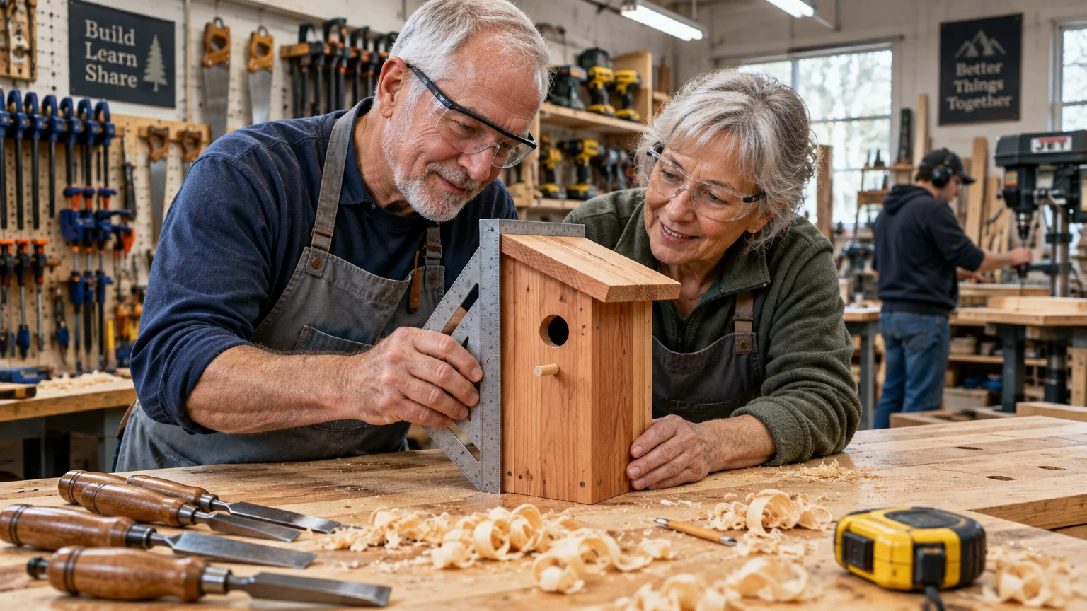 A man and woman wearing safety glasses measure a wooden birdhouse with a square ruler in a busy woodworking shop.