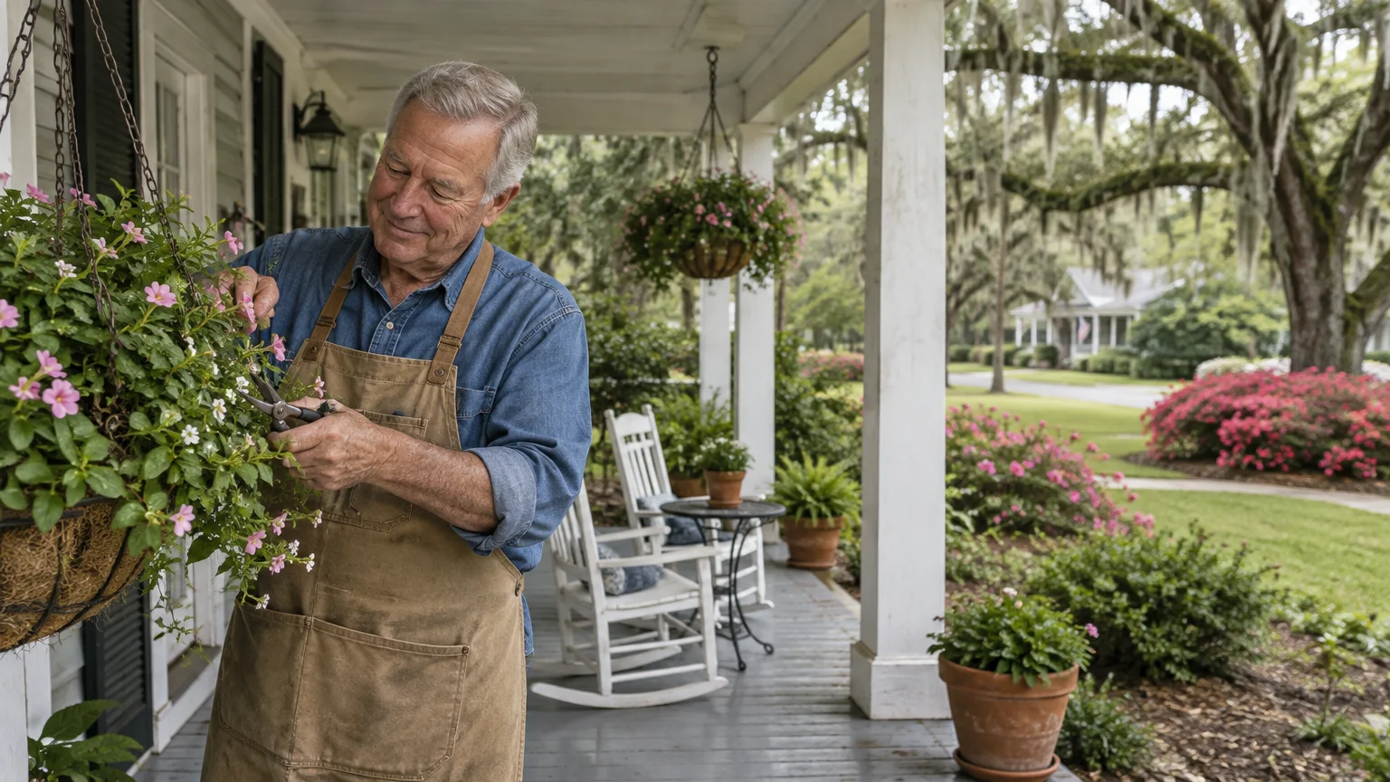 Senior man wearing a canvas apron trims hanging flowers on a Southern front porch with white rocking chairs.