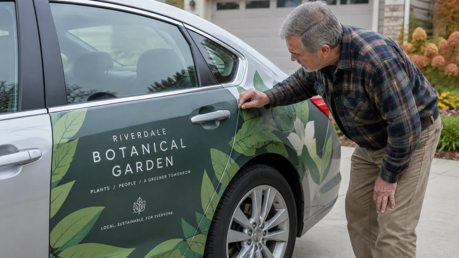 A man in a plaid shirt examines a green botanical garden promotional vinyl wrap applied to the side of a silver car.