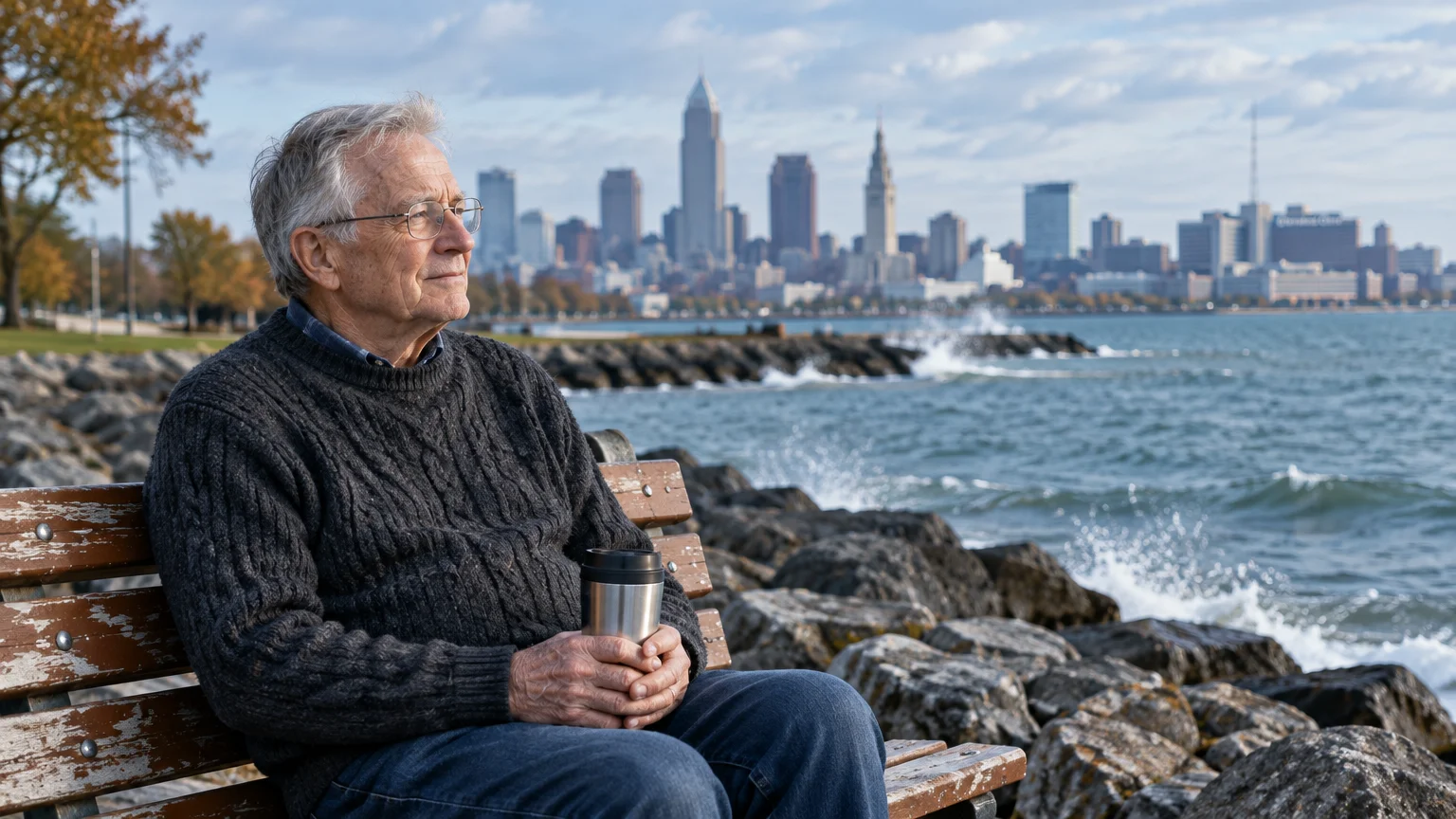 A senior man in a sweater sits on a park bench holding a travel mug, with a city skyline across the water.