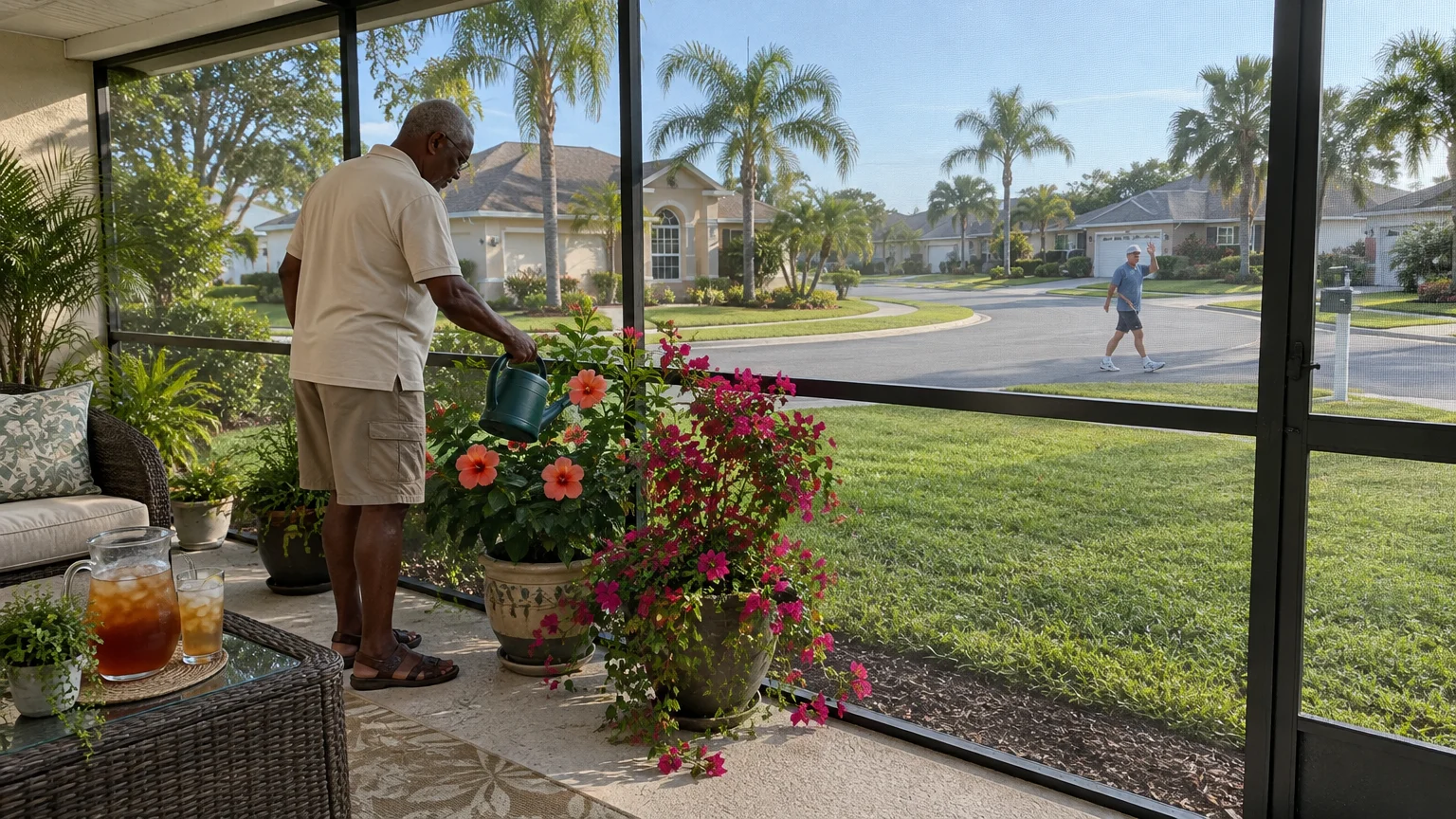 A man waters potted flowers on a screened patio overlooking a Florida suburban cul-de-sac as a neighbor walks by.