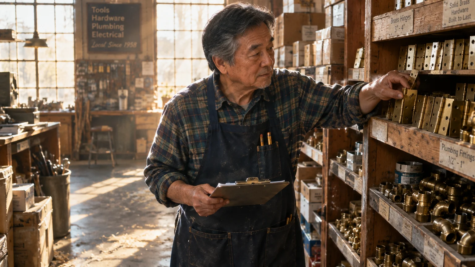 An older Asian man in a plaid shirt and apron checks inventory with a clipboard inside a hardware workshop.
