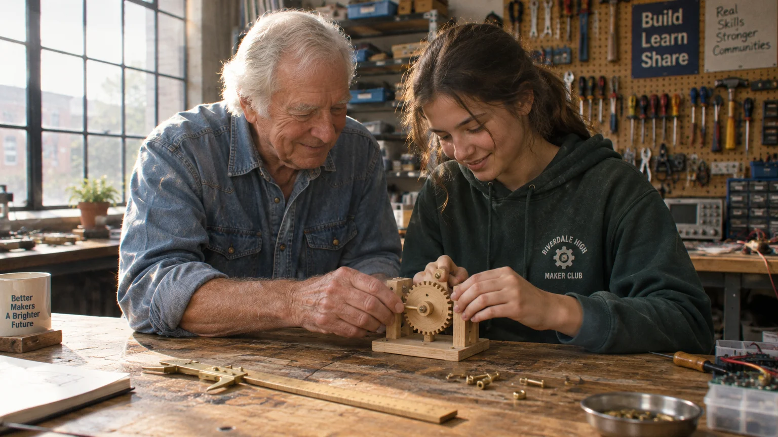 An older man and a young woman assemble a small wooden gear mechanism together at a workbench in a workshop.
