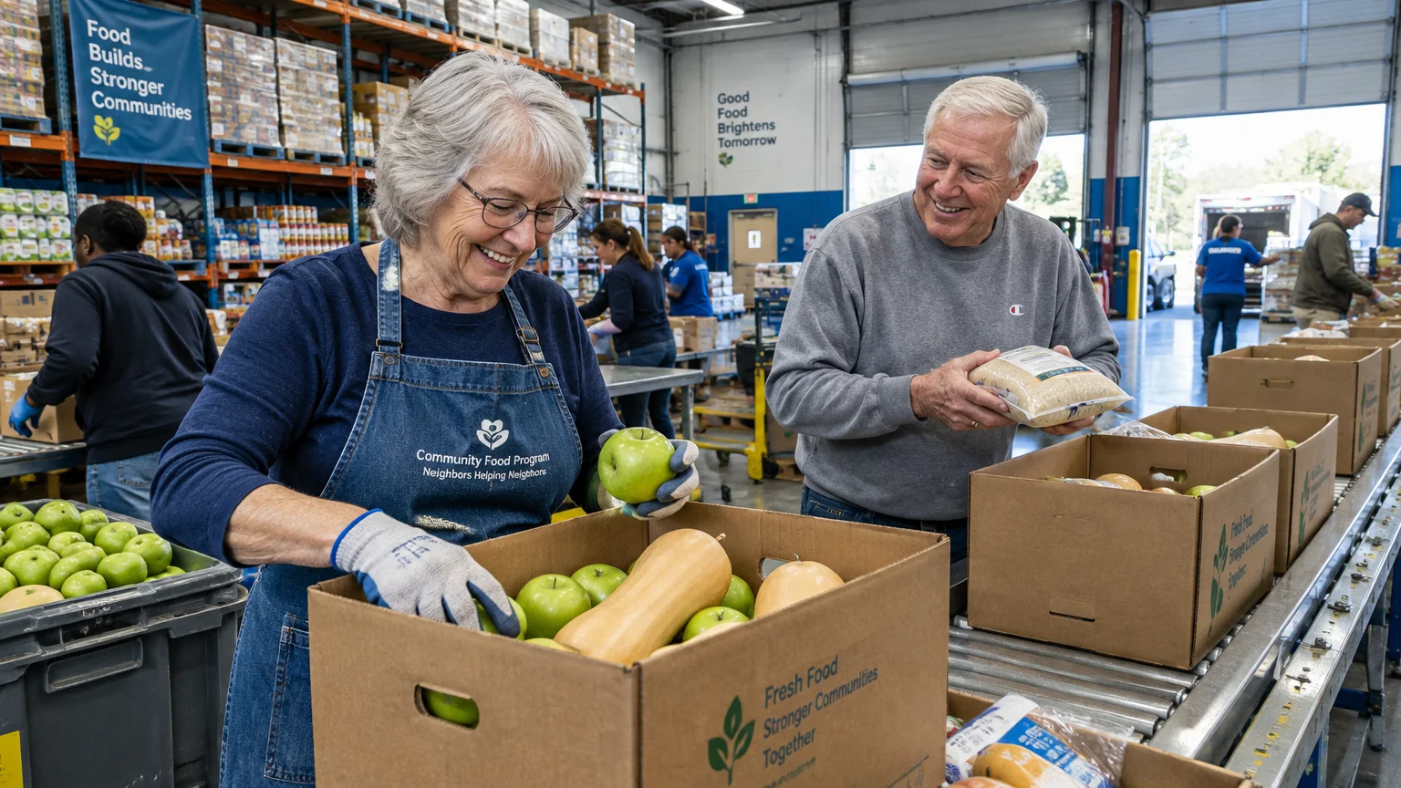 Older volunteers smile while packing boxes of fresh produce and rice at an indoor food pantry warehouse.