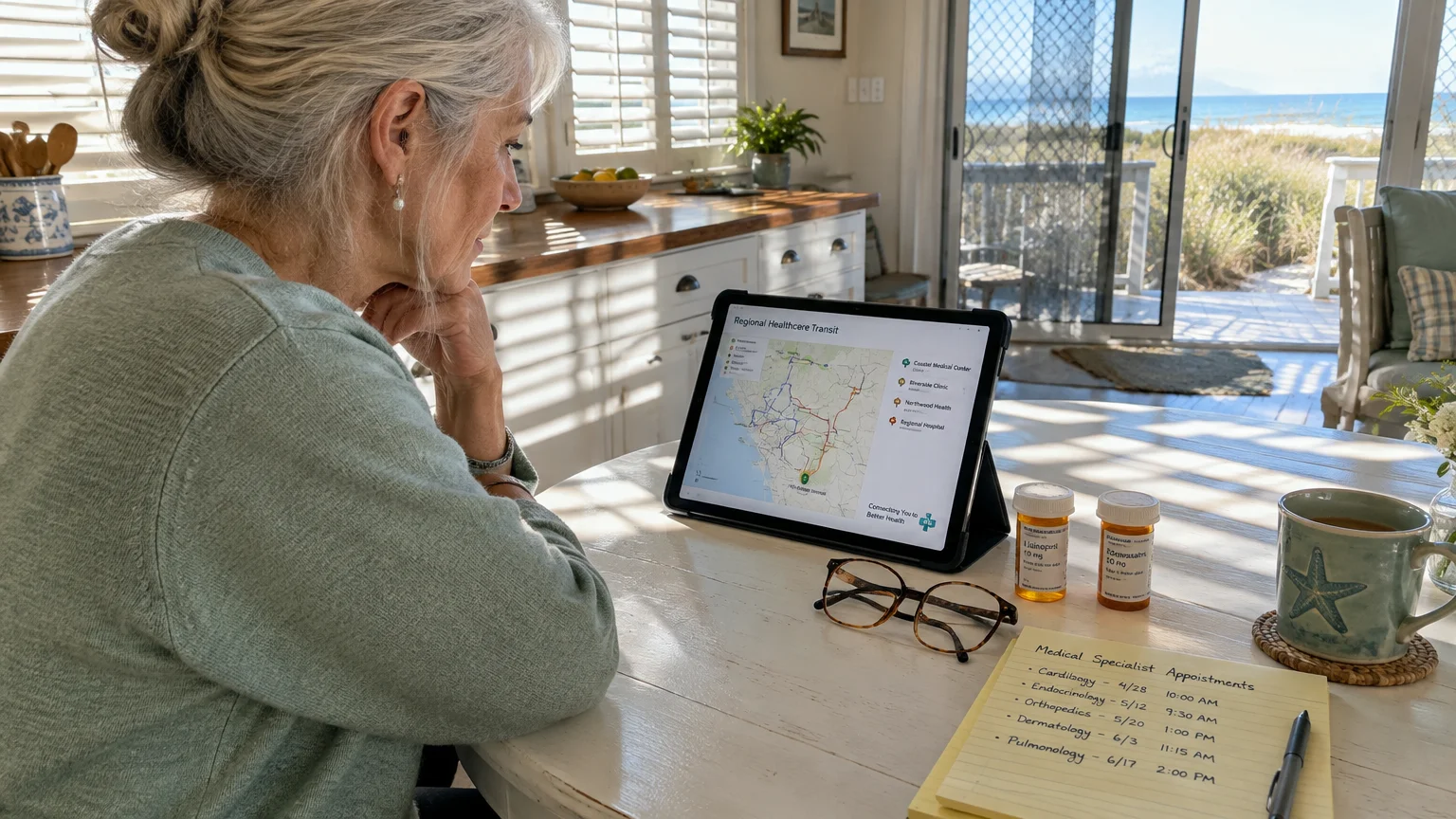 Senior woman looking at a tablet showing a healthcare transit map next to pill bottles and a beach view.
