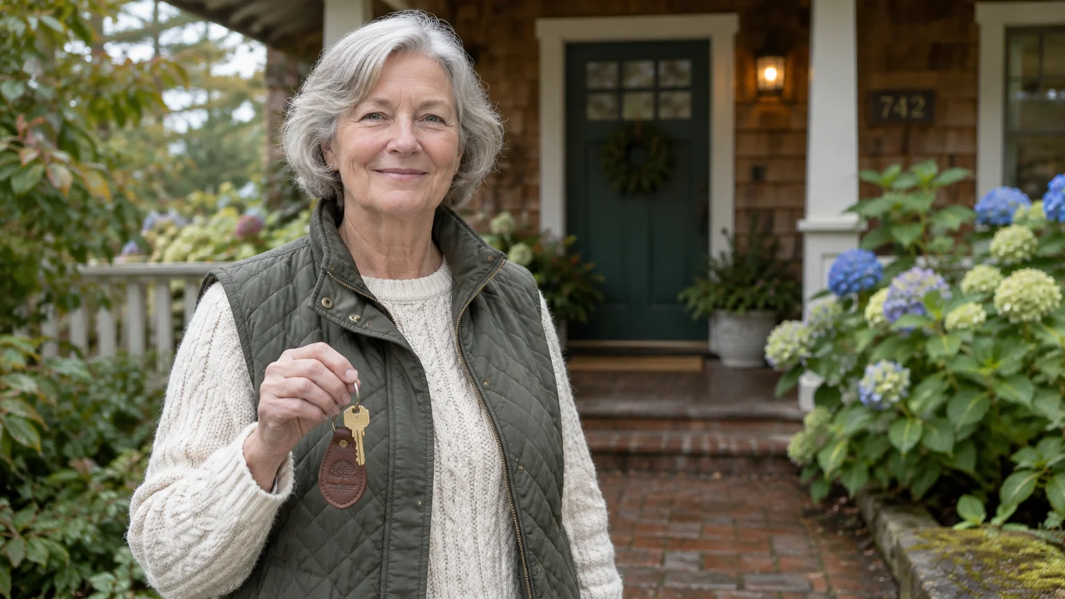 A smiling senior woman holds up house keys on a porch in front of a shingled home surrounded by flowering bushes.