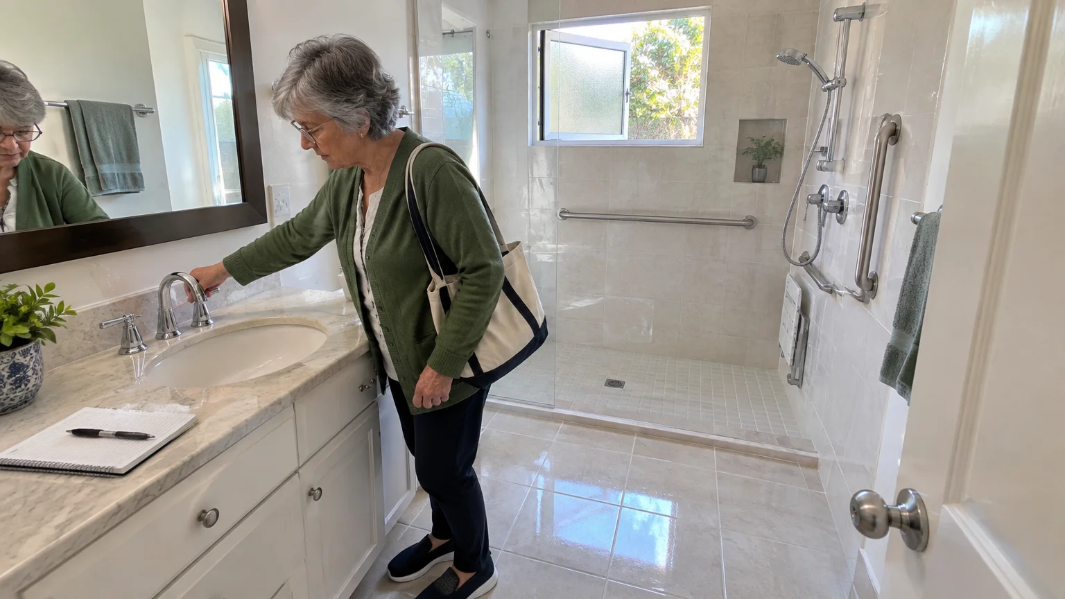 Senior woman testing a bathroom sink faucet beside an accessible walk-in shower with grab bars.